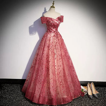 A line Off the Shoulder Red Tulle Prom Dresses HZ1023